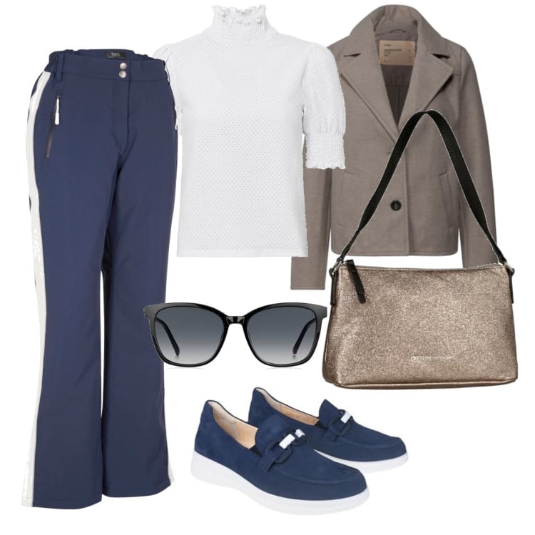 Outfit femme - Septembre. Style Casual chic pour Tous les jours. Assortir avec pantalon , t-shirts, gilets sans manche, ballerines, lunettes de soleil, sacs en bandoulière.