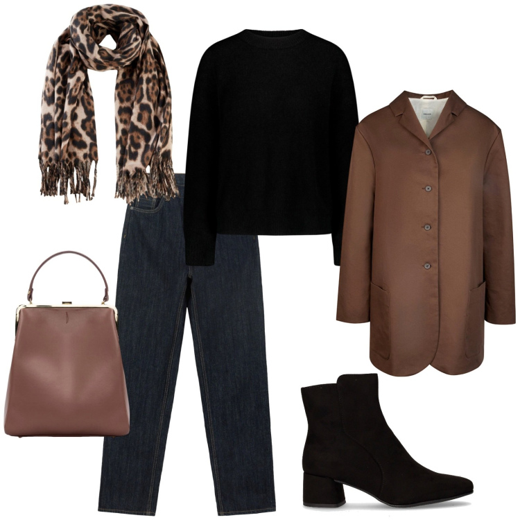 Outfit donna - Il jeans elegante. Stile Casual chic per Tutti i giorni. Abbinamento con foulard, trench, jeans dritti, stivaletti, maglieria, borse a spalla.