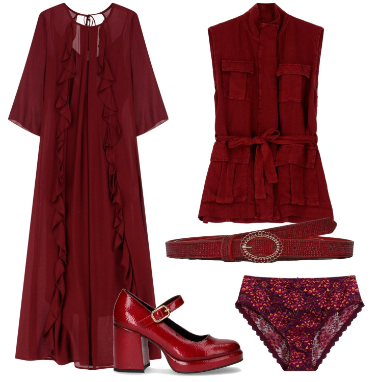 Outfit donna - Proposta Bordeaux. Stile Vintage retrò per Serata fuori. Abbinamento con culotte, cinture, gilet, vestiti lunghi, décolleté.