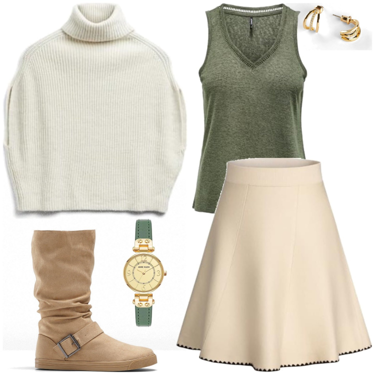 Outfit femme - Anaïs. Style Bon Ton pour Tous les jours. Assortir avec bottes, boucles d'oreilles, manteaux, minijupes, montres, débardeurs à bretelles.