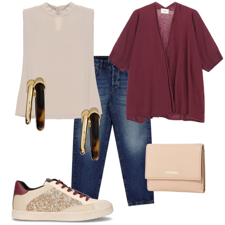 Outfit donna - DiXie. Stile Trendy per Tutti i giorni. Abbinamento con portafogli, cardigans, jeans, top, orecchini, sneakers.