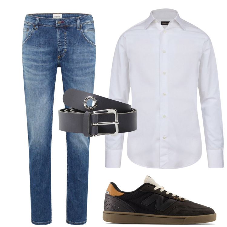 Outfit uomo - Una cena informale. Stile Trendy per Serata speciale. Abbinamento con jeans dritti, sneakers, cinture, camicie.
