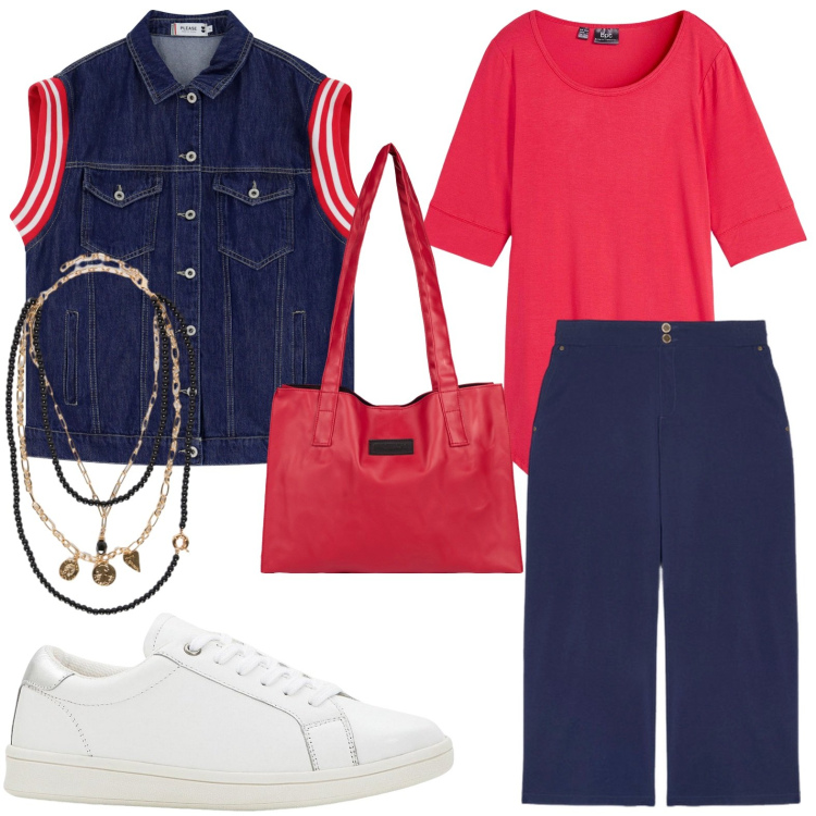 Outfit donna - Borsa rossa. Stile Casual per Tutti i giorni. Abbinamento con sneakers, maglieria, gilet, shopping bag, pantaloni, collane.