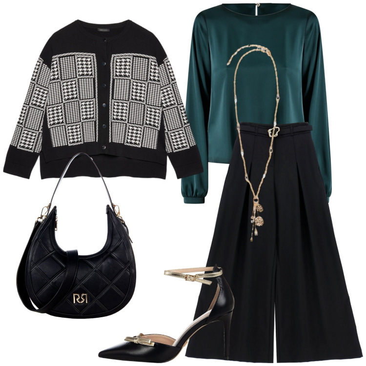 Outfit donna - Con il cliente. Stile Chic per Ufficio. Abbinamento con bluse, borse a tracolla, décolleté, pantaloni, cardigans, ciondoli.