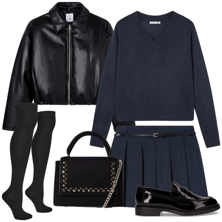Outfit donna - Total look #2245858. Stile Preppy per Tutti i giorni. Abbinamento con minigonne, maglieria, calzini, borse a tracolla, giacche, mocassini.