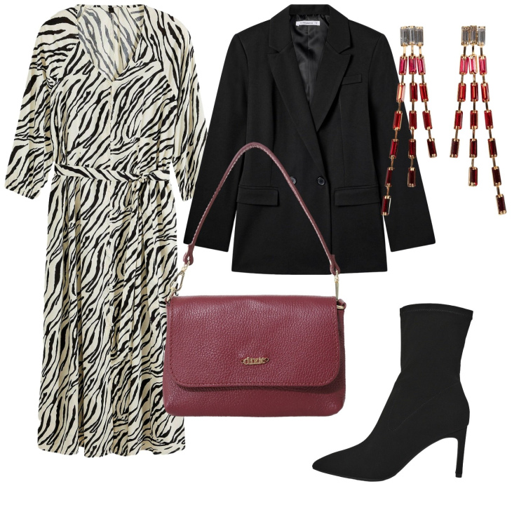 Outfit donna - Autunno. per Tutti i giorni. Abbinamento con orecchini, vestiti midi/longuette, blazer, stivali, borse a tracolla.