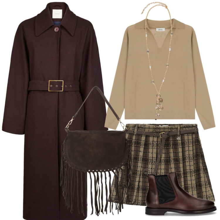 Outfit donna - Tartan. Stile Trendy per Tutti i giorni. Abbinamento con minigonne, borse a tracolla, maglieria, cappotti, stivaletti chelsea, ciondoli.