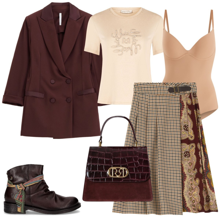Outfit donna - Passeggiata. Stile Trendy per Tutti i giorni. Abbinamento con body, t-shirt, borse a mano, blazer, gonne, stivaletti chelsea.