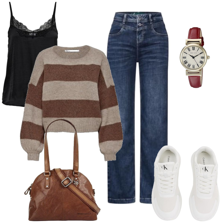 Outfit femme - Kayla. Style Basique pour Tous les jours. Assortir avec sneakers, pulls, sacs en bandoulière, jeans, chemisettes, montres.