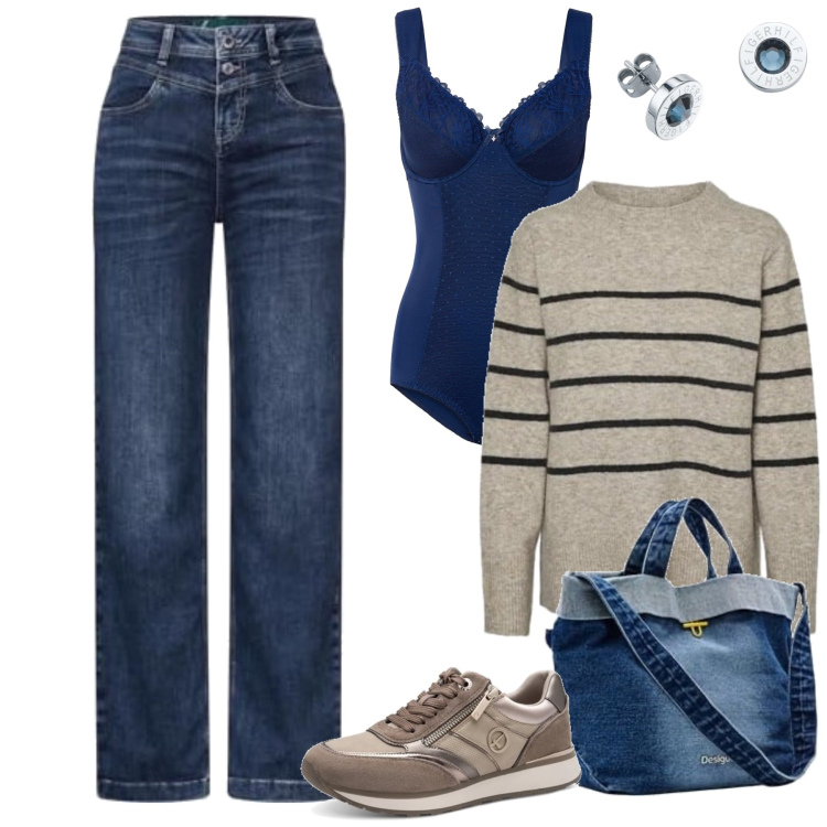 Outfit femme - Léa. Style Basique pour Tous les jours. Assortir avec body, sneakers, sacs en bandoulière, jeans, pulls, boucles d'oreilles.