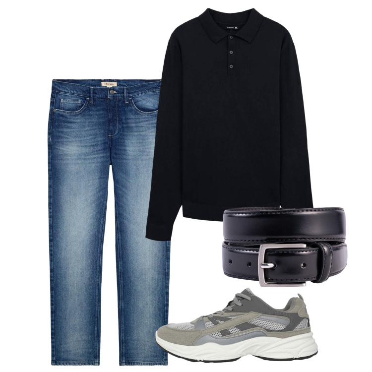 Outfit uomo - Settembre. Stile Casual per Tutti i giorni. Abbinamento con jeans dritti, sneakers, polo, cinture.