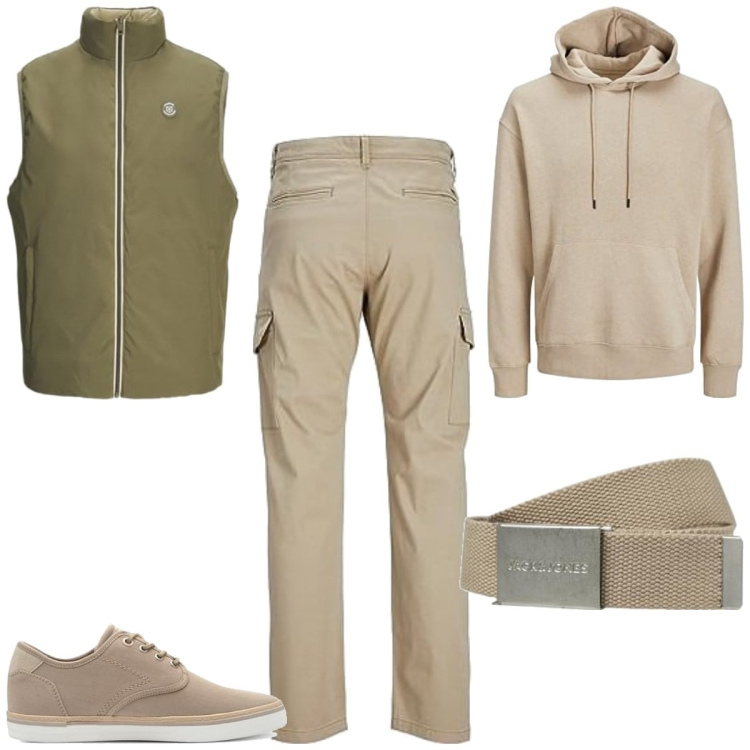 Outfit homme - Beige. Style Tendance pour Tous les jours. Assortir avec sweats à capuche, pantalon cargo, gilets sans manche, sneakers, ceintures.