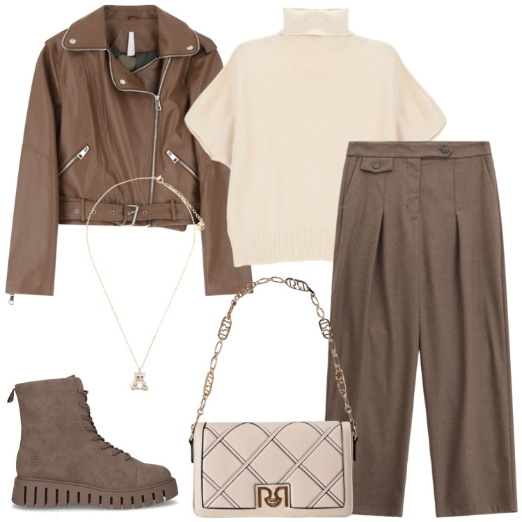 Outfit donna - Ufficio. Stile Casual chic per Ufficio. Abbinamento con borse a tracolla, pantaloni, maglieria, giacche, ciondoli, stivaletti.