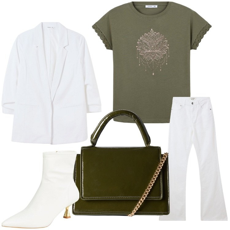 Outfit donna - Il mio Settembre. Stile Chic per Ufficio. Abbinamento con t-shirt, stivaletti, blazer, jeans a zampa, borse a tracolla.