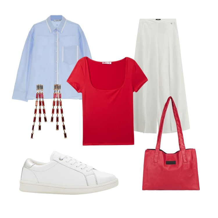 Outfit donna - Weekend in barca. Stile Casual per Tutti i giorni. Abbinamento con sneakers, orecchini, t-shirt, camicie, shopping bag, pantaloni a palazzo.