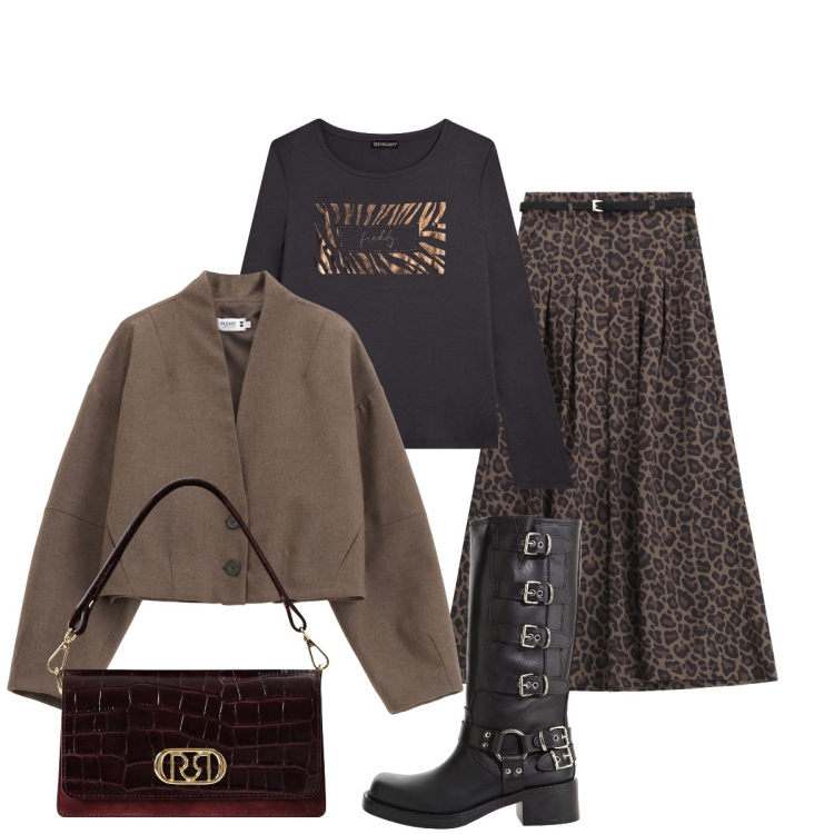 Outfit donna - In città. Stile Urban per Tutti i giorni. Abbinamento con borse a mano, blazer, pantaloni, t-shirt, stivali.