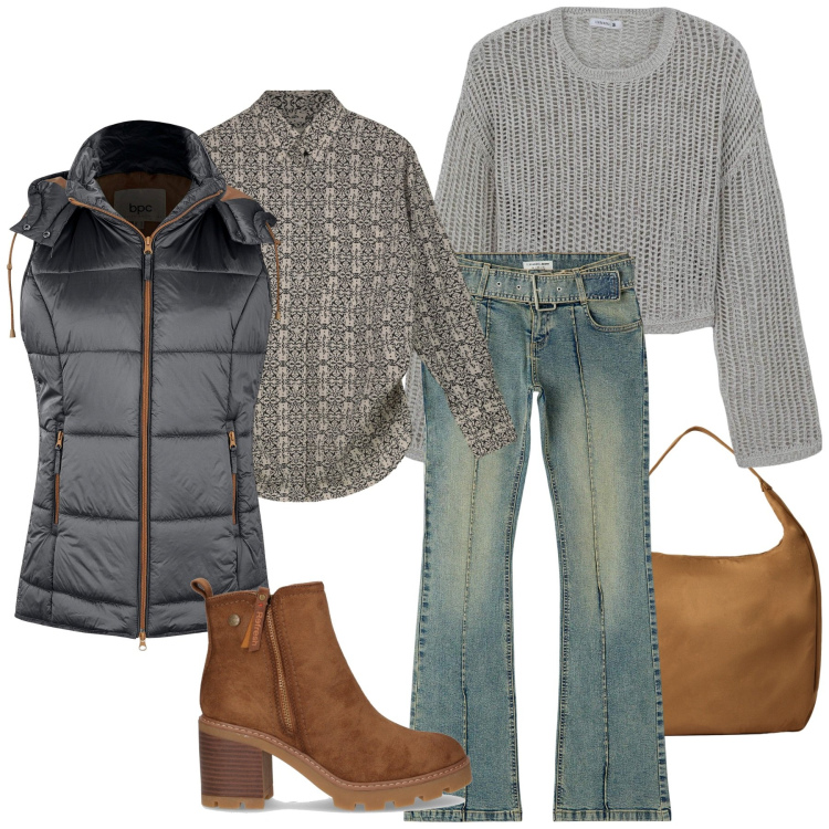 Outfit donna - Total look #2245933. Stile Urban per Tutti i giorni. Abbinamento con gilet, jeans a zampa, maglieria, borse a mano, camicie, stivaletti.