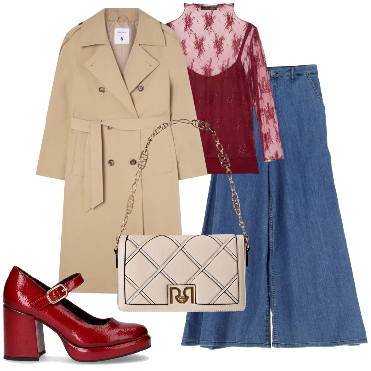 Outfit donna - Bordeaux mood. Stile Casual chic per Tutti i giorni. Abbinamento con trench, borse a tracolla, jeans, t-shirt, décolleté.