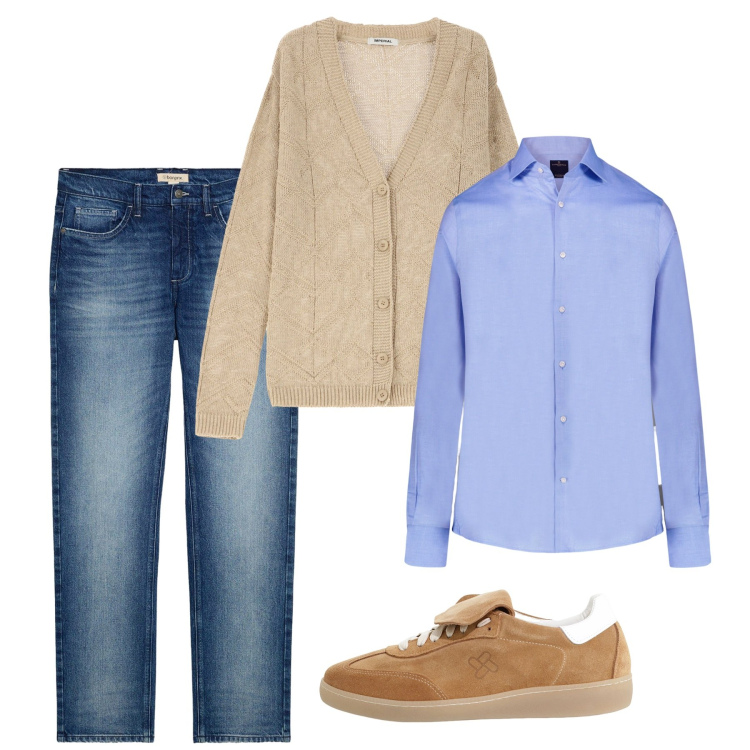 Outfit uomo - Settembre, i primi cardigan. Stile Casual per Tutti i giorni. Abbinamento con jeans dritti, cardigans, sneakers, camicie.