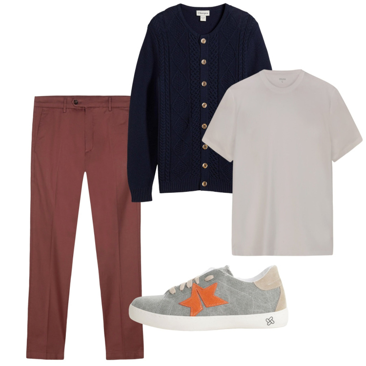 Outfit uomo - Settembre. Stile Casual per Tutti i giorni. Abbinamento con cardigans, sneakers, pantaloni chino, t-shirt.