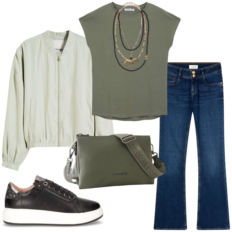 Outfit donna - Total look #2245945. Stile Urban per Tutti i giorni. Abbinamento con borse a tracolla, bomber, jeans a zampa, t-shirt, sneakers, collane.