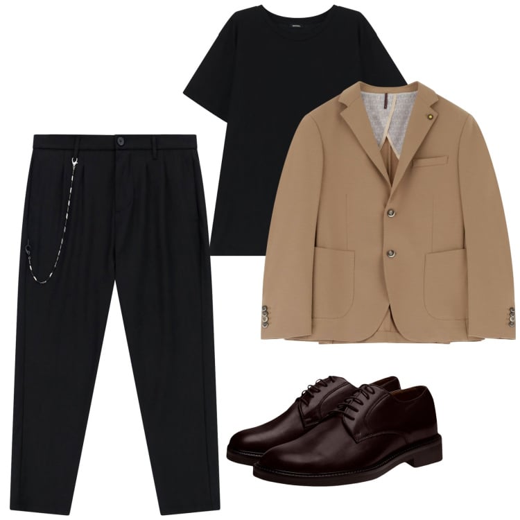 Outfit uomo - Settembre. Stile Trendy per Serata speciale. Abbinamento con giacche, pantaloni, t-shirt, scarpe stringate.