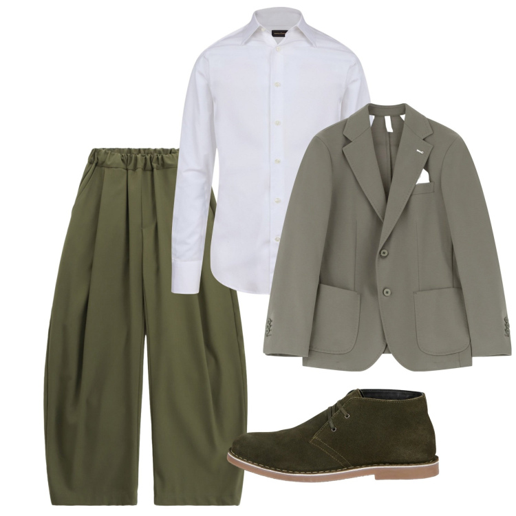 Outfit uomo - Settembre muschio. Stile Trendy per Serata speciale. Abbinamento con giacche, pantaloni, camicie, stivali e stivaletti.