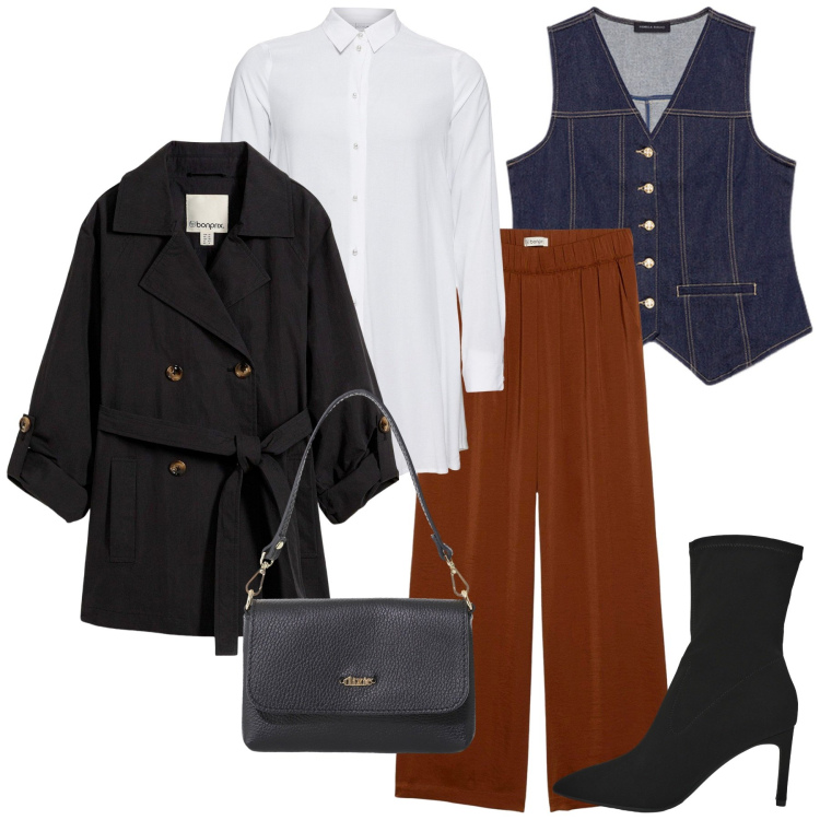 Outfit donna - Total look #2245955. Stile Minimal per Ufficio. Abbinamento con trench, pantaloni a palazzo, camicie, stivali, borse a tracolla, gilet.