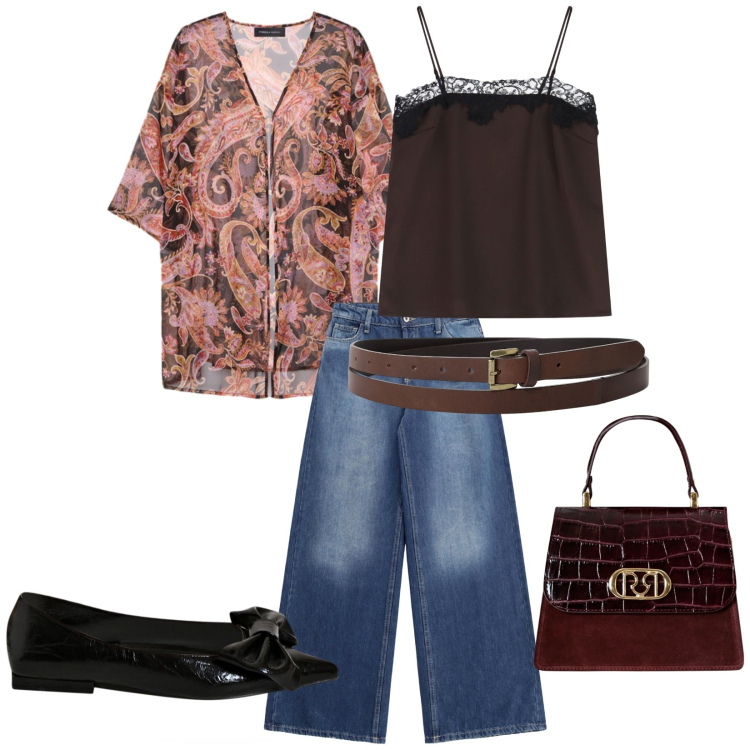 Outfit donna - Total look #2245964. Stile Casual chic per Ufficio. Abbinamento con ballerine, borse a mano, jeans, canottiere, cinture, kimono.