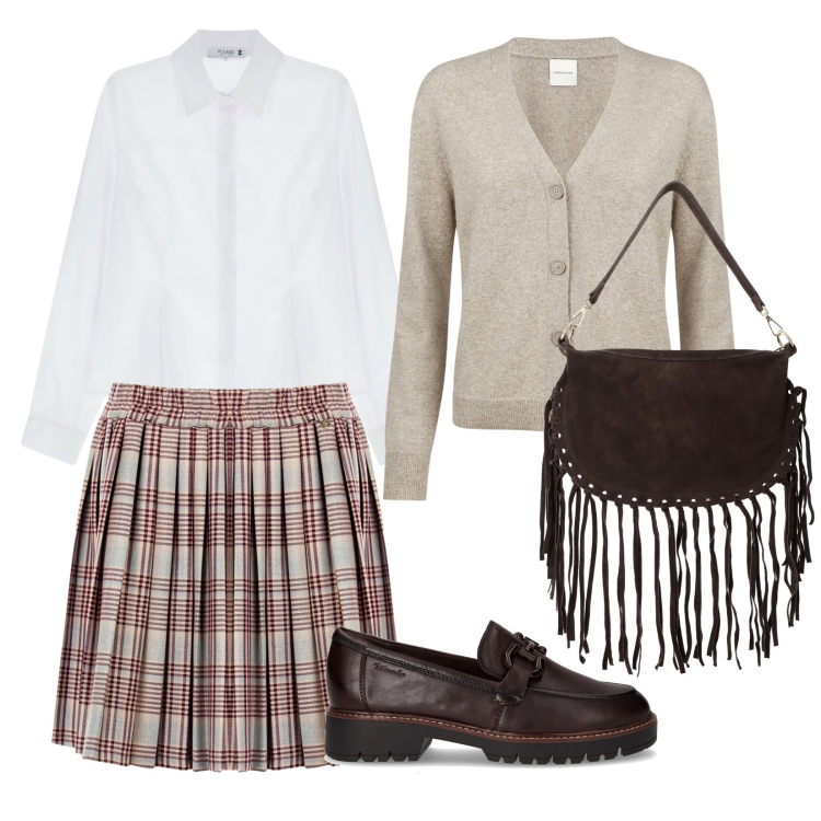 Outfit donna - College. Stile Preppy per Scuola/Università. Abbinamento con minigonne, camicie, borse a tracolla, cardigans, mocassini.