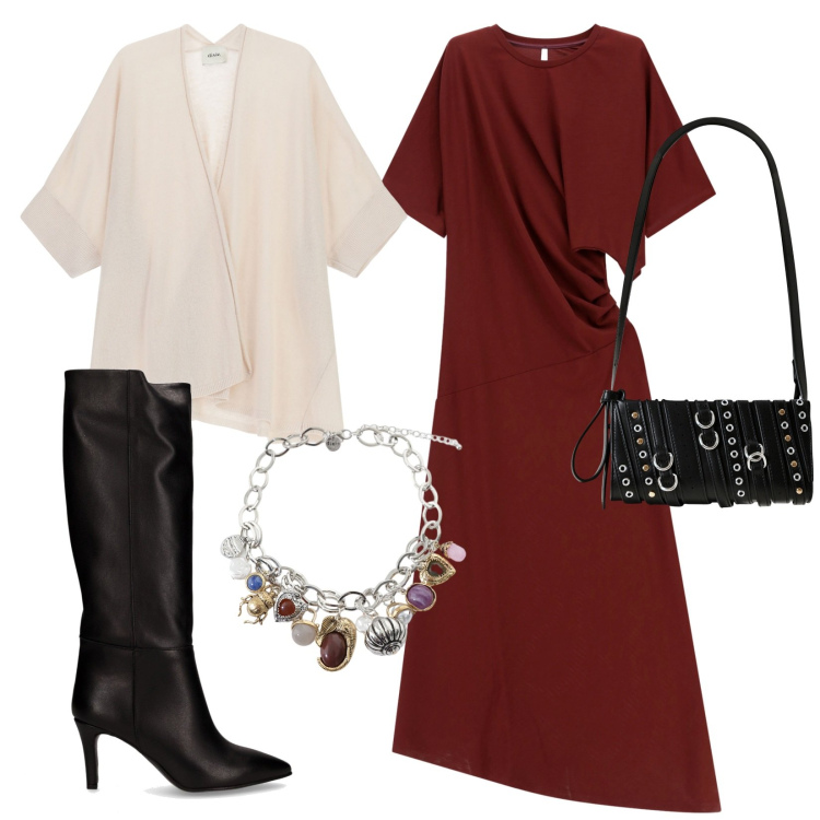 Outfit donna - L\'abito bordeaux. Stile Trendy per Ufficio. Abbinamento con borse a spalla, vestiti lunghi, cardigans, braccialetti con ciondoli, stivali.