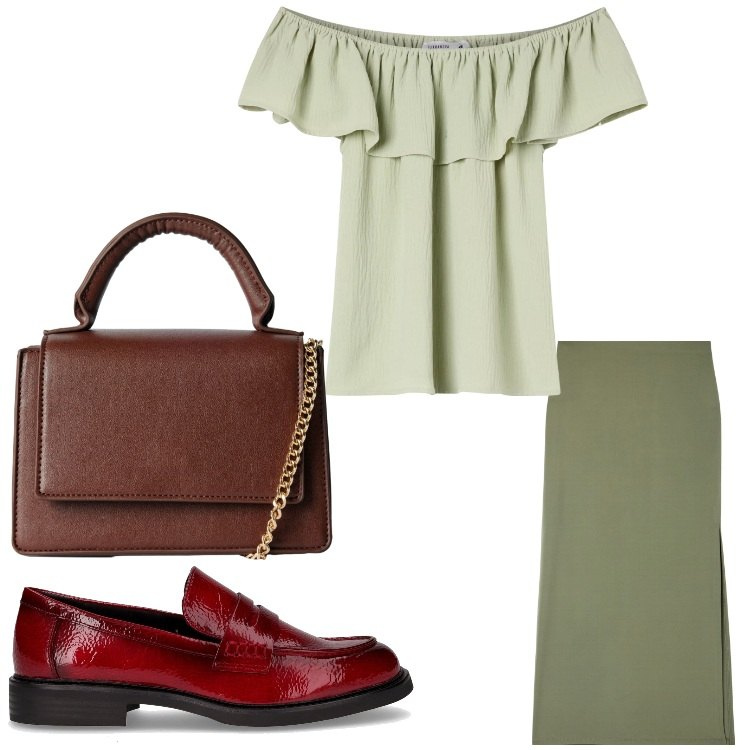 Outfit donna - Gli ultimi raggi d´estate. Stile Casual chic per Ufficio. Abbinamento con bluse, gonne lunghe, borse a tracolla, mocassini.