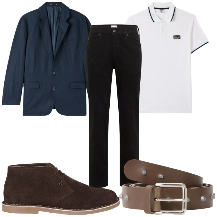 Outfit uomo - Total look #2245981. Stile Casual per Tutti i giorni. Abbinamento con jeans dritti, polo, giacche, cinture, stivali e stivaletti.
