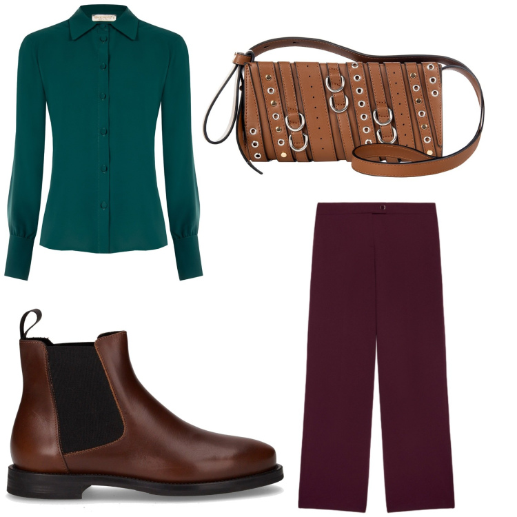 Outfit donna - Ritorno in ufficio confortevole. Stile Casual per Ufficio. Abbinamento con borse a spalla, camicie, pantaloni, stivaletti chelsea.