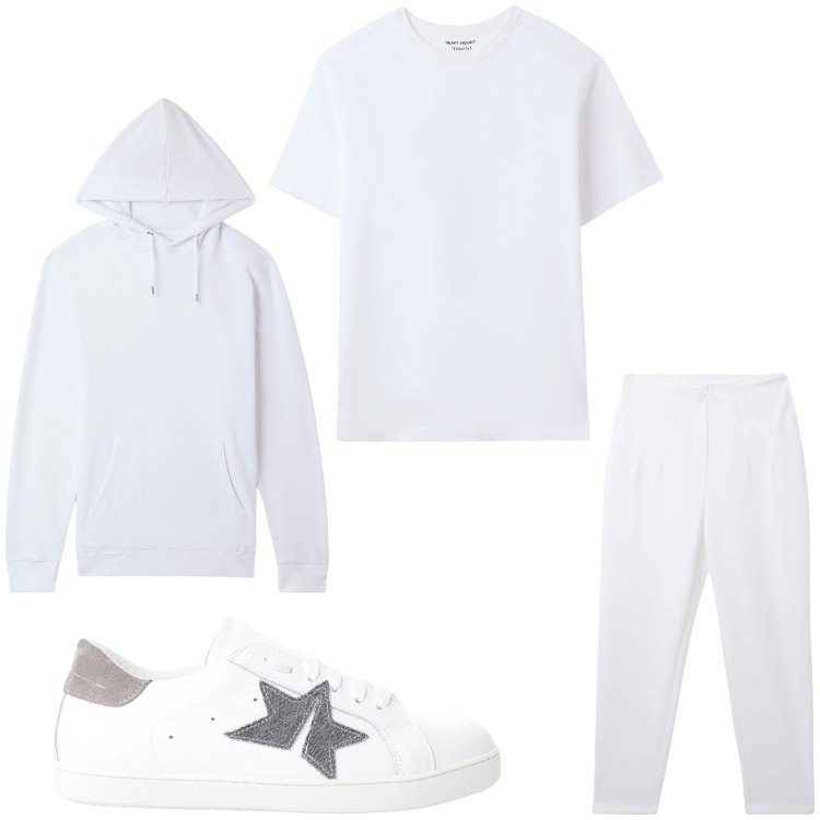 Outfit uomo - Bianco sport. Stile Casual per Sport. Abbinamento con felpe con cappuccio, pantaloni chino, t-shirt, sneakers.