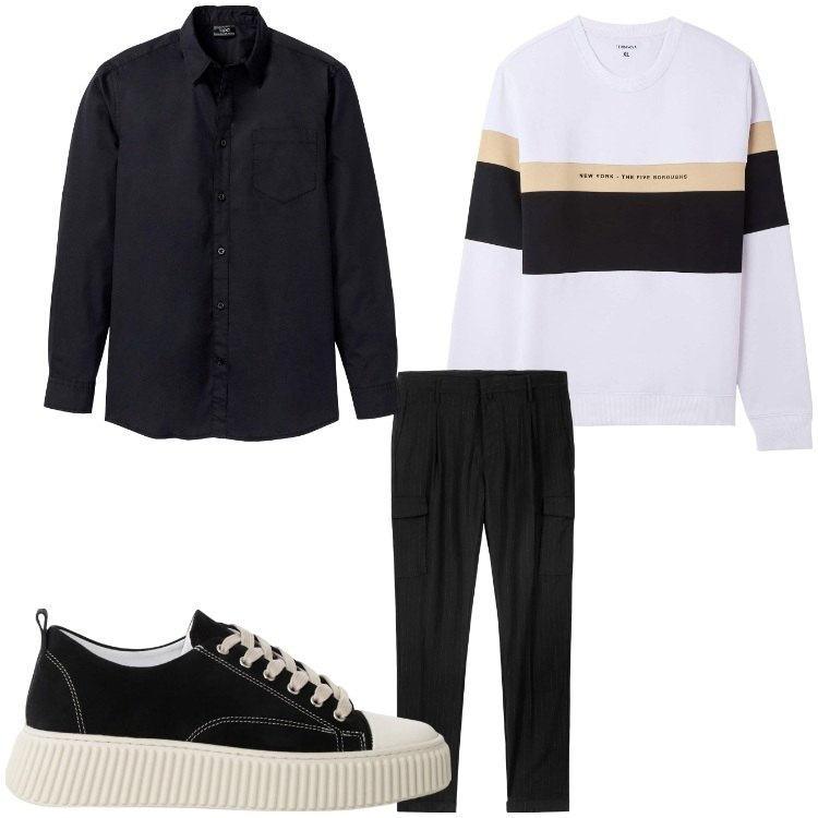 Outfit uomo - Dammi tre colori. Stile Casual per Tutti i giorni. Abbinamento con camicie, felpe con cappuccio, sneakers, pantaloni cargo.
