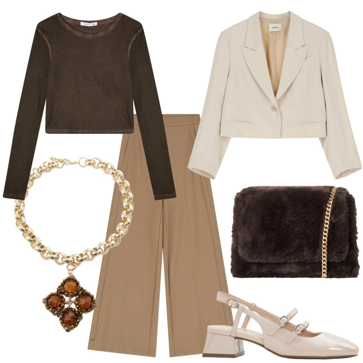 Outfit donna - Autunno. Stile Casual chic per Ufficio. Abbinamento con décolleté, t-shirt, borse a tracolla, pantaloni a palazzo, blazer, collane.