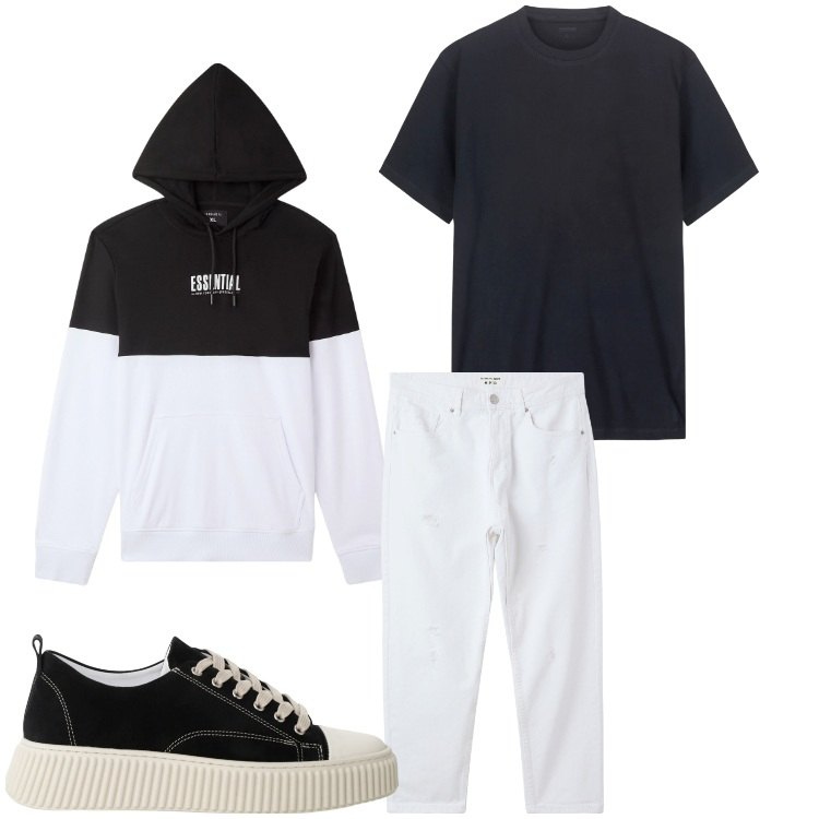 Outfit uomo - Doppio colore. Stile Casual per Tutti i giorni. Abbinamento con jeans strappati, felpe con cappuccio, sneakers, t-shirt.