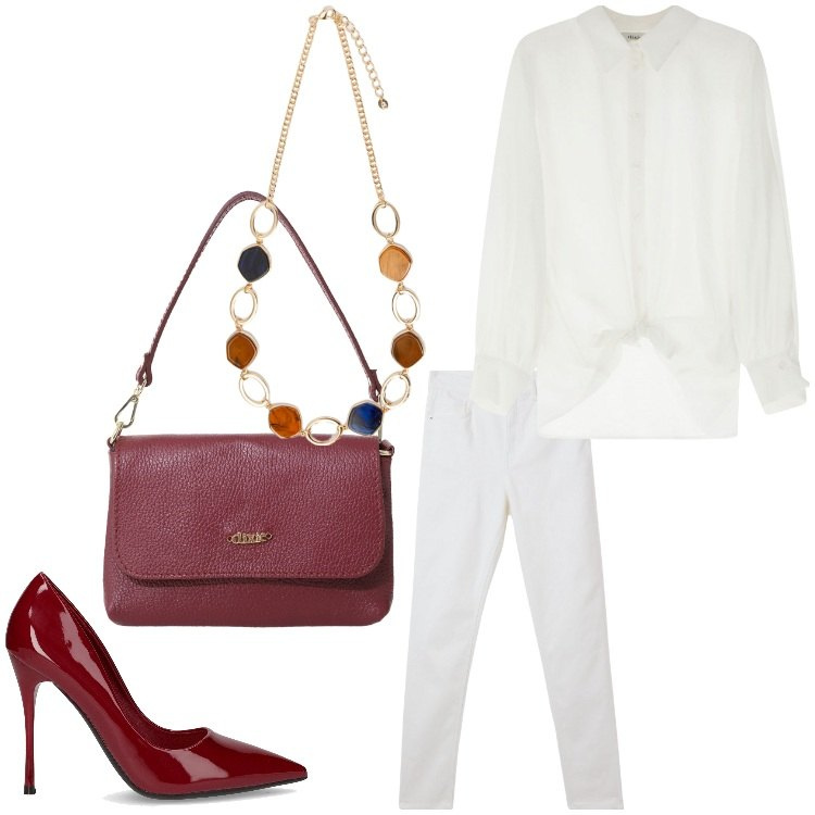 Outfit donna - Accessori bordeaux. Stile Chic per Serata fuori. Abbinamento con pantaloni skinny, borse a tracolla, camicie, collane, décolleté.