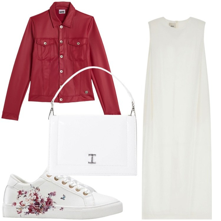 Outfit donna - Bianco, fiori e rock. Stile Sporty chic per Serata fuori. Abbinamento con sneakers, borse a tracolla, giacche, vestiti lunghi.