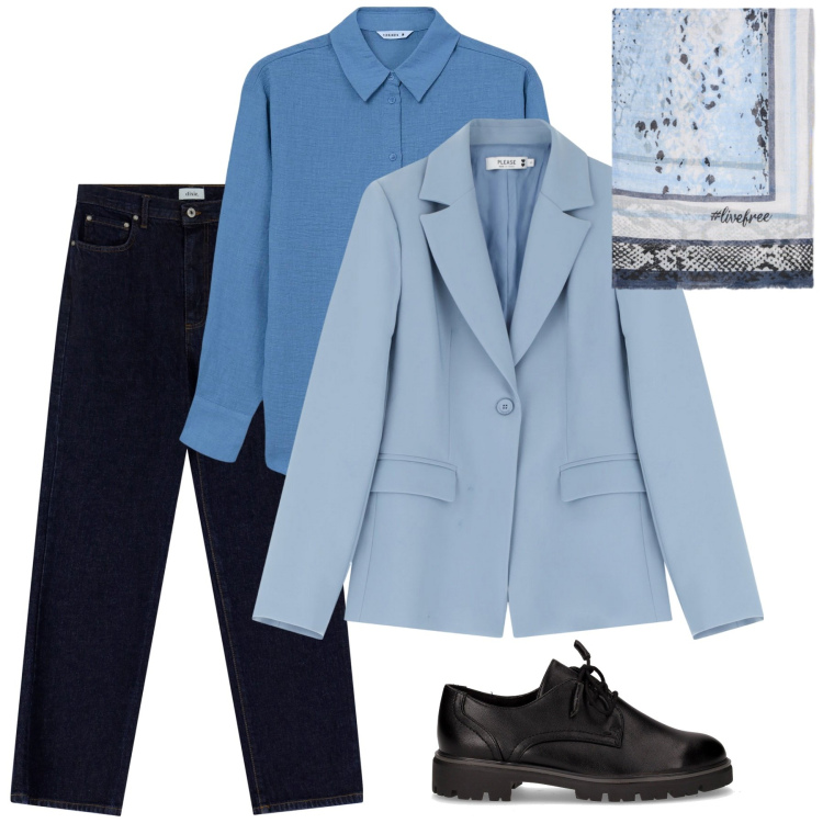 Outfit donna - Total look #2246021. Stile Casual per Ufficio. Abbinamento con camicie, blazer, jeans dritti, foulard, scarpe stringate.