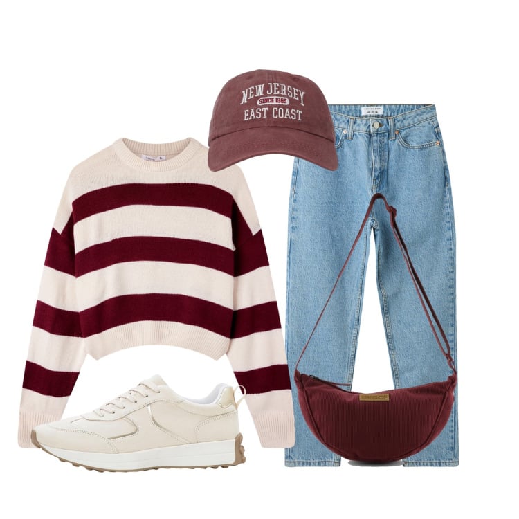 Outfit donna - East coast. Stile Casual per Tutti i giorni. Abbinamento con sneakers, jeans mom, cappelli con visiera, maglieria, borse a tracolla.