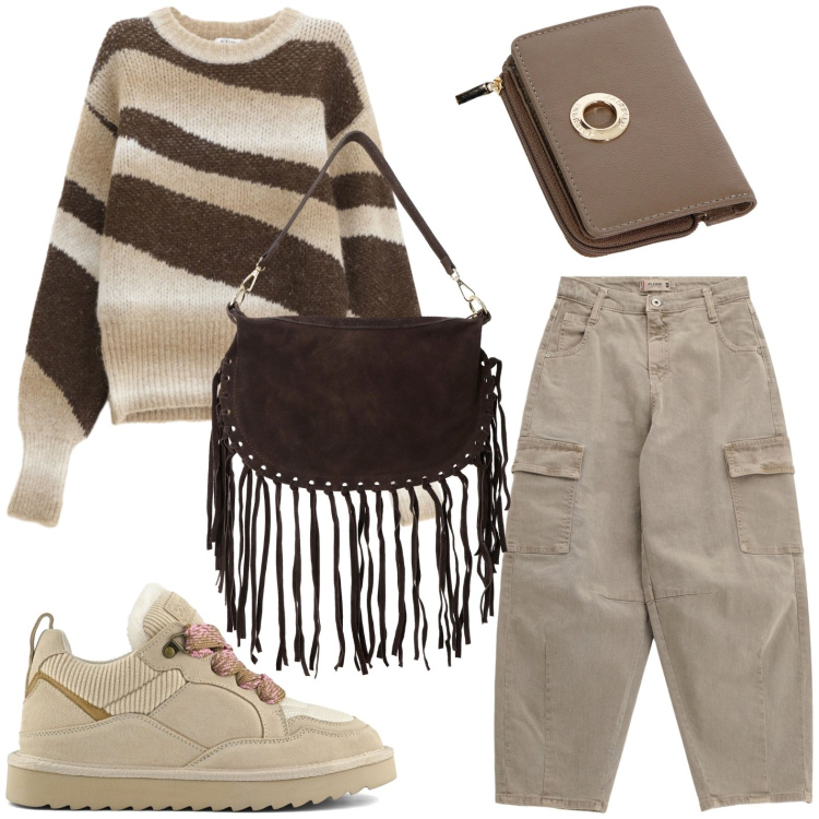 Outfit donna - Neutra comodità. Stile Casual per Tutti i giorni. Abbinamento con pantaloni chino, pullovers, portafogli, borse a tracolla, sneakers alte.