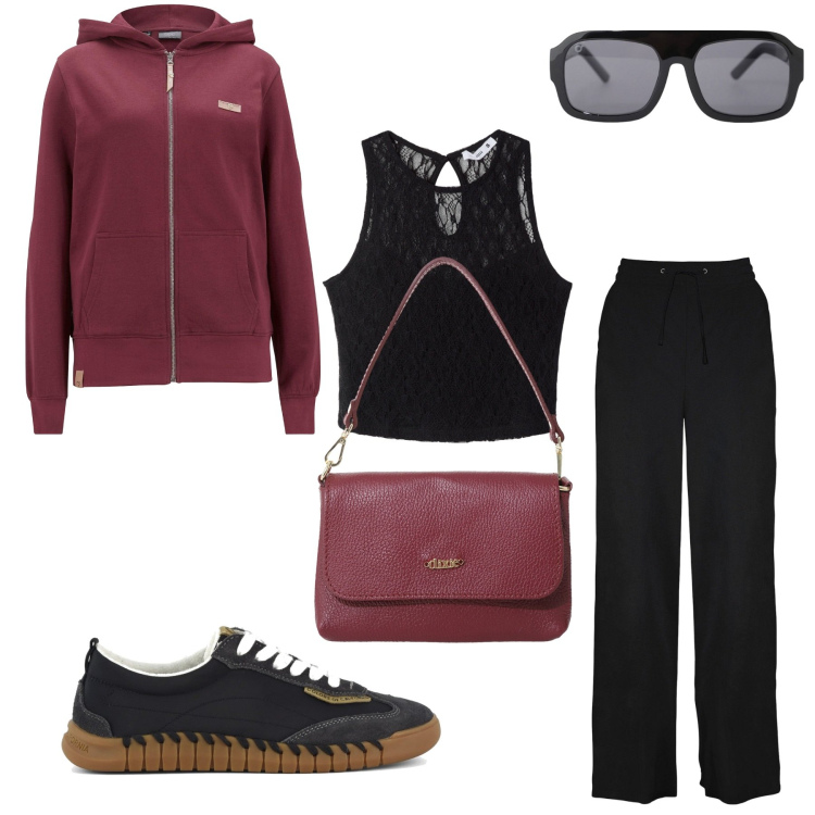 Outfit donna - Nero e bordeaux. Stile Sporty chic per Sport. Abbinamento con felpe con cappuccio, pantaloni a palazzo, top, occhiali da sole, borse a tracolla, sneakers.