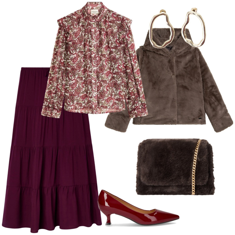 Outfit donna - Pintarest. per Serata fuori. Abbinamento con camicie, gonne lunghe, borse a tracolla, blazer, orecchini, décolleté.