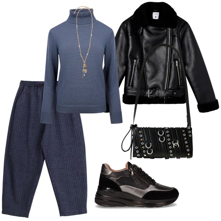 Outfit donna - Giubbotto di pelle. per Tutti i giorni. Abbinamento con giacche, borse a spalla, jeans, maglieria, ciondoli, sneakers.