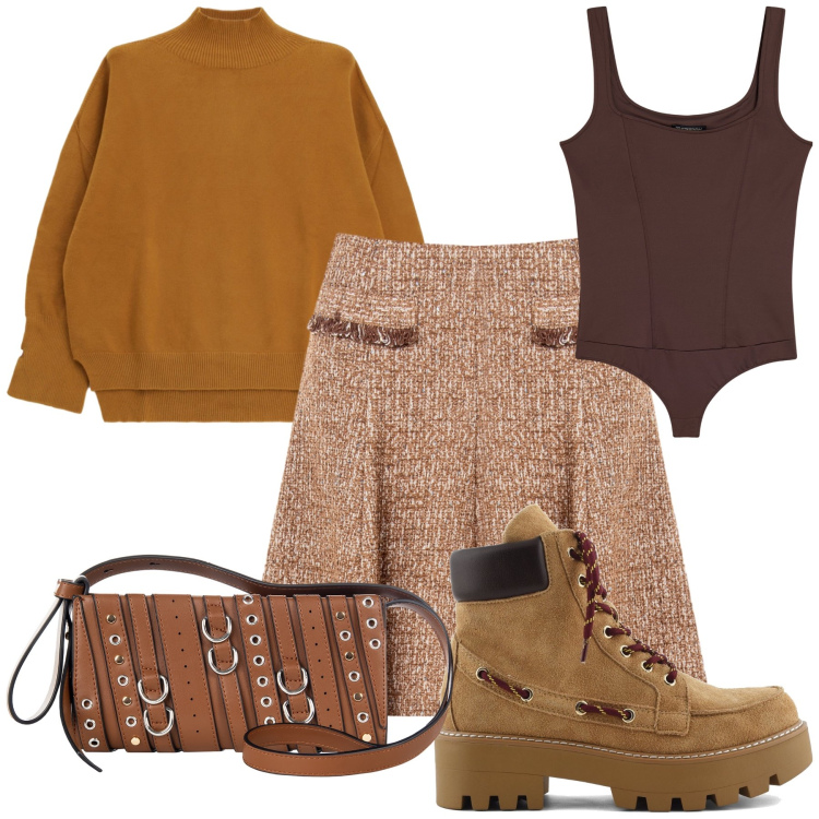 Outfit donna - In tono. Stile Urban per Tutti i giorni. Abbinamento con minigonne, borse a spalla, body, maglieria, stivaletti.