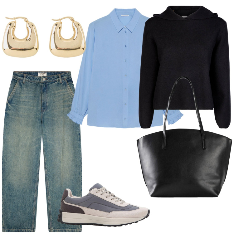 Outfit donna - Comoda. per Scuola/Università. Abbinamento con shopping bag, sneakers, orecchini, jeans, maglieria, camicie.