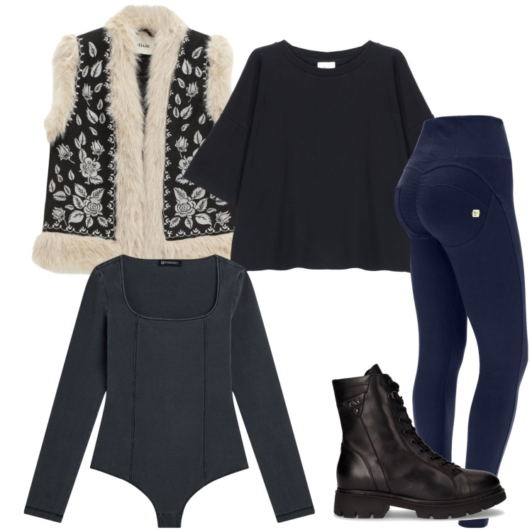 Outfit donna - Strati di stagione. Stile Boho per Tutti i giorni. Abbinamento con pantaloni skinny, body, t-shirt, gilet, anfibi.