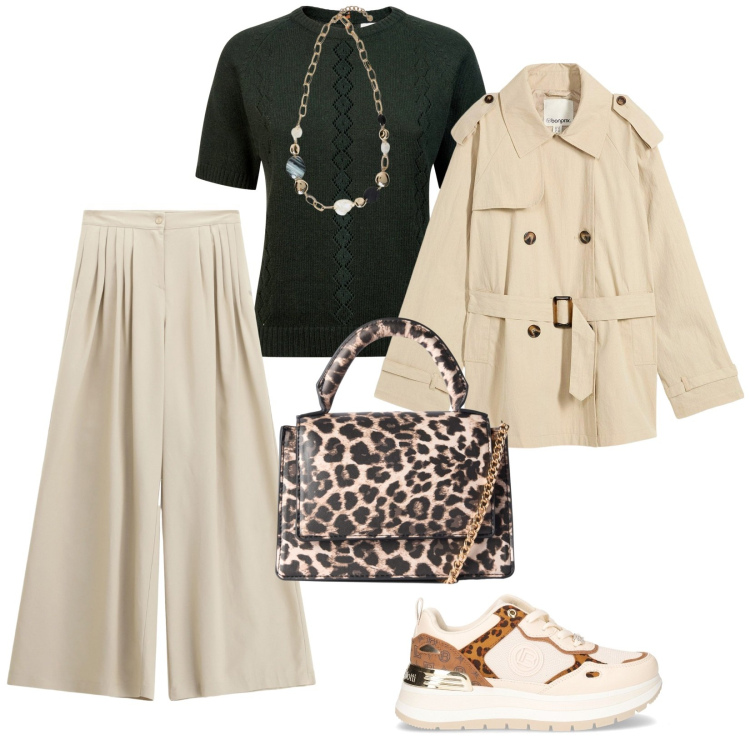 Outfit donna - Stagione autunnale. per Tutti i giorni. Abbinamento con trench, borse a tracolla, pantaloni a palazzo, sneakers, collane, maglieria.